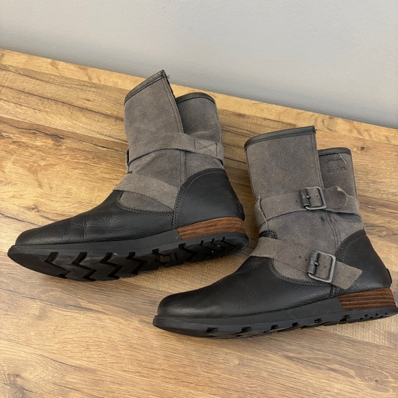 Sorel Major Moto Leather Mid Calf Biker Boots Gray Suede Black Leather Women’s - Picture 12 of 12